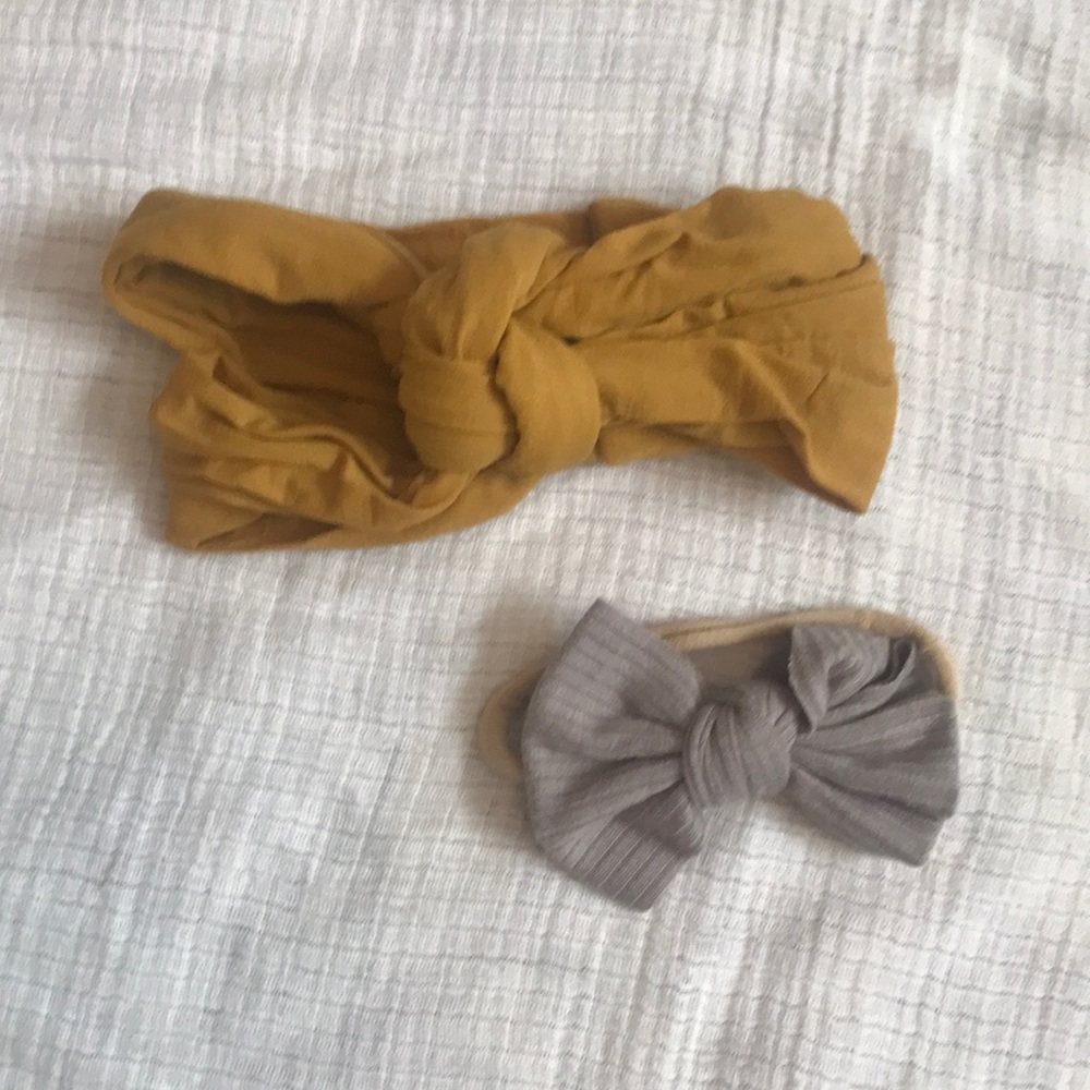 Infant soft headbands, mustard + cream + grey bow